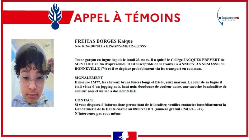 Si vous apercevez cet adolescent, contactez la gendarmerie au 0800 971 071.