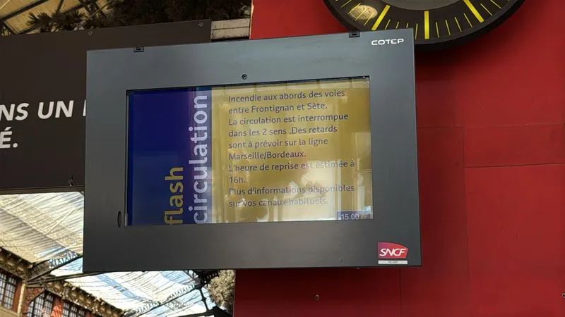 Panneau indicateur en gare de Marseille signalant une interruption de trafic en raison d'un incendie aux abords des voies à Sète
