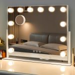 Miroir de Maquillage avec Lumières, 56×43 cm Miroir de Courtoisie HD avec 3 Modes de Couleur, Capteur Tactile, Cadre en Métal Rotatif à 360°, Blanc, Prêt pour