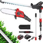 2-en-1 Tronconneuse avec Perche et Taille Haie Télescopique sans Fil TEENO,Poignée Principale Orientable,Tête Inclinable,Bandoulière Incluse(1 Batterie 20 V 4.0 Ah, Chargeur)