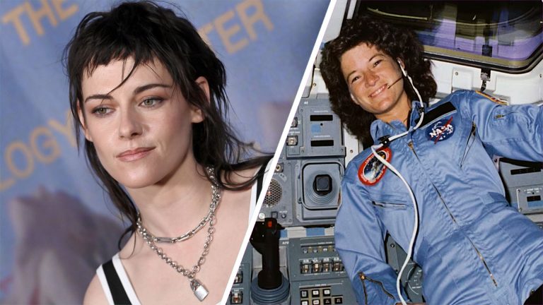 Split image showing actor Kristen Stewart on the left, and astronaut Sally Ride on the right.