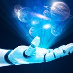 a white robotic hand projecting a holographic image full of planets and galaxies