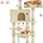 Feandrea Arbre à Chat Hauteur 112 cm, Tour de Jeux pour Chat, avec 11 Poteaux à Griffer, 2 Plateformes, 1 Niche, 1 Hamac, 2 Pompons, en Tissu Peluche, Plusieurs Niveaux, Beige PCT215M01