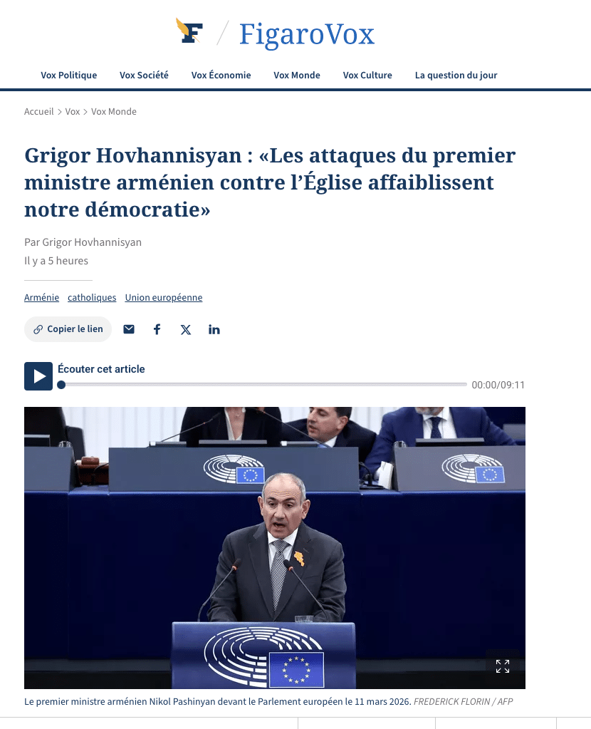Grigor Hovhannisyan : «Les attaques du premier ministre arménien contre l’Église affaiblissent notre démocratie» - Nouvelles d'Arménie en Ligne – Toute l’actualité sur le monde arménien