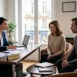 Couple en entretien avec une avocate dans un bureau élégant pour une procédure de divorce par consentement mutuel.