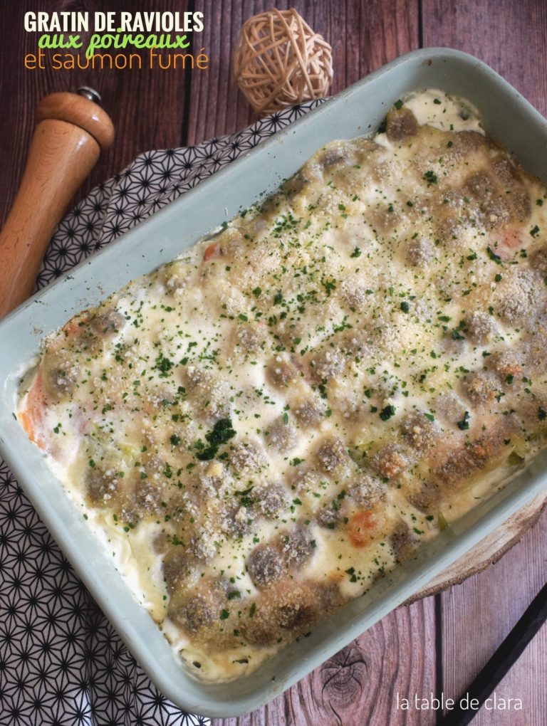 Gratin de ravioles aux poireaux et saumon fumé