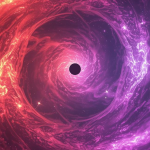 A black circle in the center of the illustration surrounded by swirling glowing patterns spiraling outward from it. The left side is colored red while the right side is colored purple.