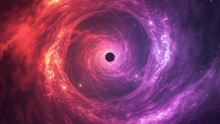 A black circle in the center of the illustration surrounded by swirling glowing patterns spiraling outward from it. The left side is colored red while the right side is colored purple.