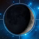 A graphic of a waxing crescent moon is shown surrounded by a white circle with four lines emanating outward at right angles. Blue-white stars are visible in the background.