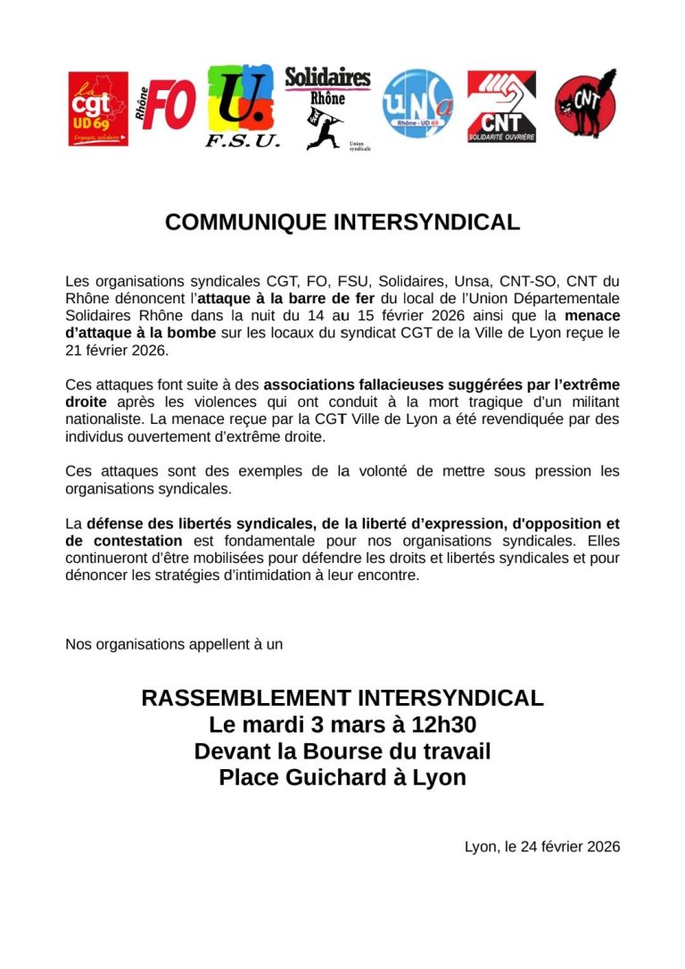 RASSEMBLEMENT INTERSYNDICAL CONTRE LES MENACES FASCISTES ! - Confédération nationale du travail - UD 69