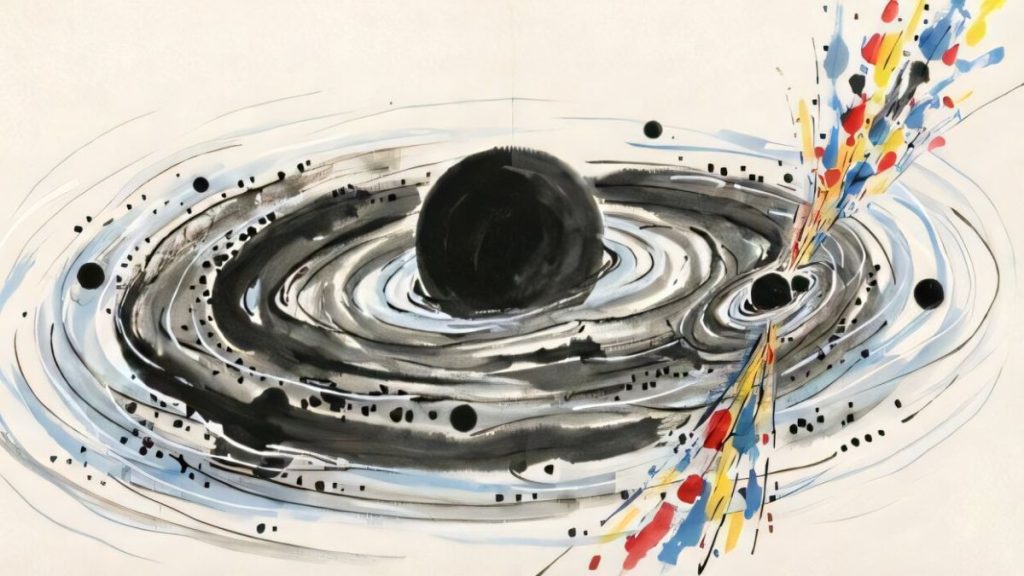 Deux trous noirs fusionnent au cœur d'un monstre galactique, révélant une lumière inédite