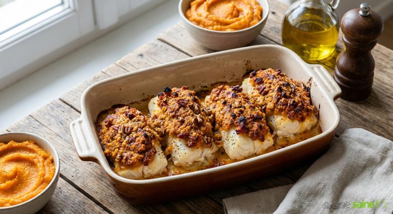 Filet de cabillaud en croûte de chorizo et noix de pécan : une recette saine à découvrir.