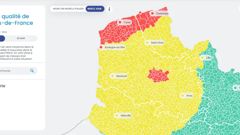 La qualité de l'air est'mauvaise' sur le littoral des Hauts-de-France, ainsi qu'au sud de Béthune, ce jeudi 19 mars 2026.