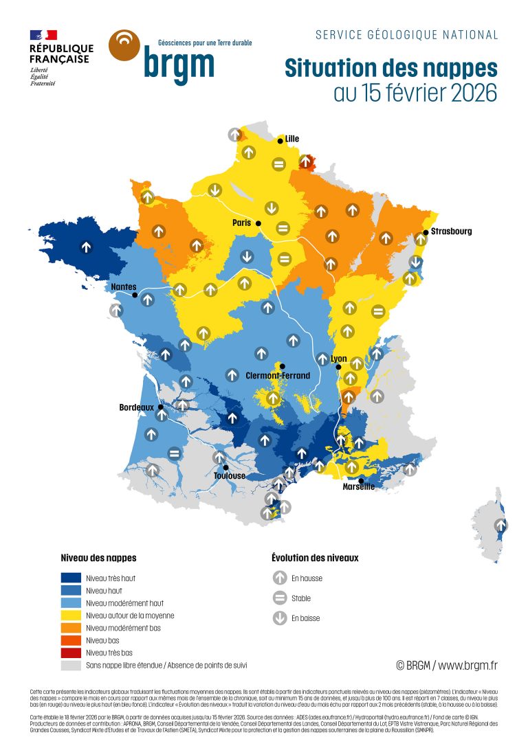 Nappes d'eau souterraine : état au 15 février 2026 | BRGM
