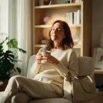 Femme sereine d'une quarantaine d'années profitant d'un instant de calme dans un intérieur épuré pour décompresser après le travail.