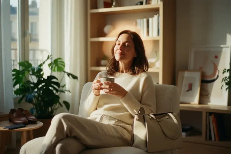 Femme sereine d'une quarantaine d'années profitant d'un instant de calme dans un intérieur épuré pour décompresser après le travail.