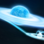 A bright blue glowing orb surrounded by a glowing disk. A smaller ice-blue orb is next to it with a similar disk. They're connected by a line of the same color.