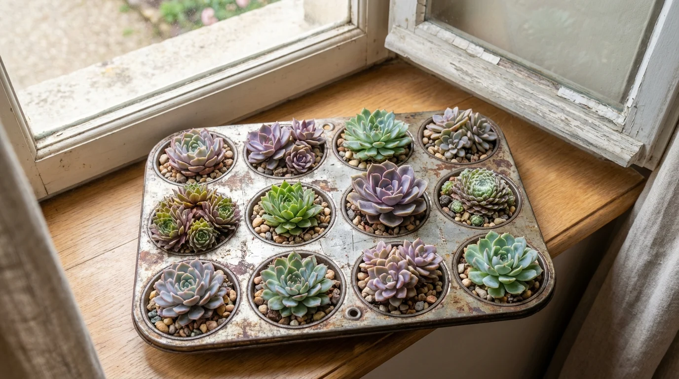 Transformez un vieux moule de cuisine en un mini-jardin de succulentes pour votre salon.