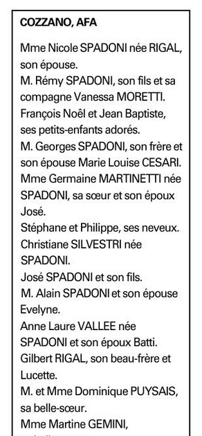 Décès de Jules François Spadoni, dit Julien, à Cozzano, Aullène et Afa : Remerciements.