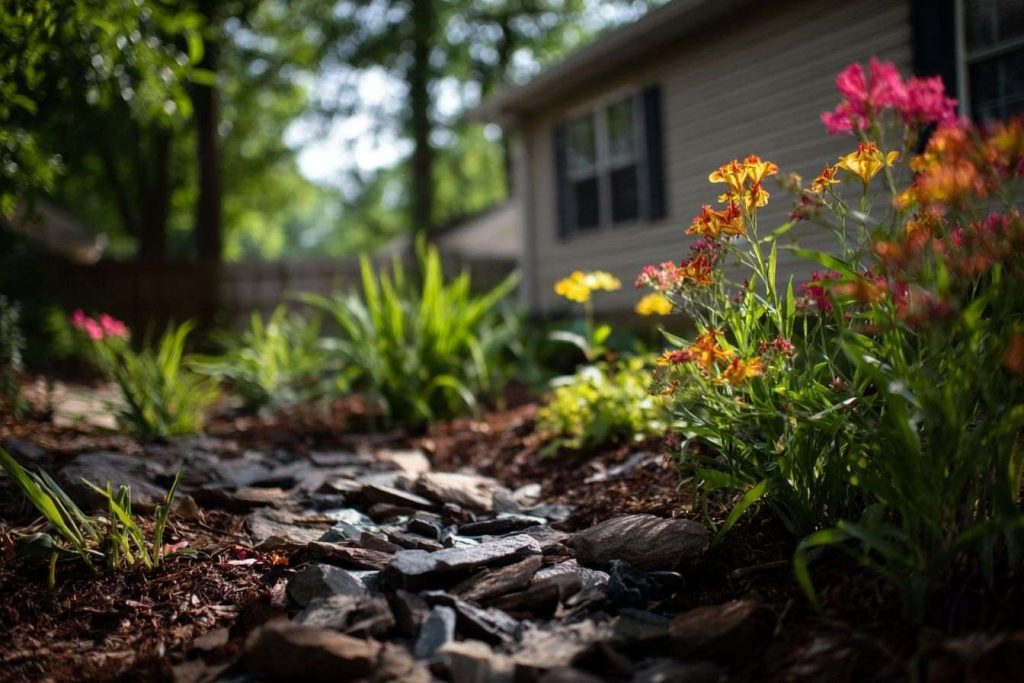 Vue large d un jardin arrière