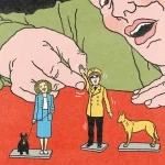 Un homme joue avec une figurine d'Hitler et d’Eva Braun