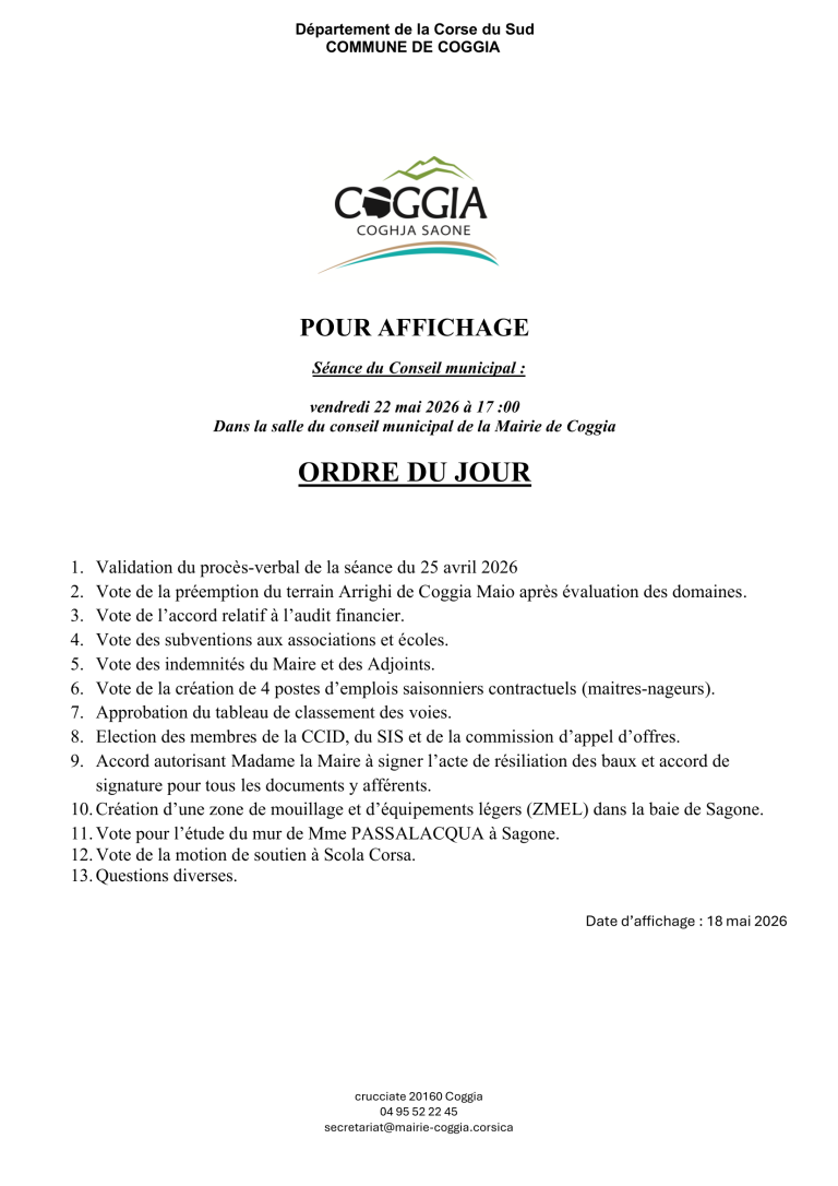 Convocation du conseil municipal de [Nom de la ville] le 22 mai 2026 pour discuter des projets locaux.