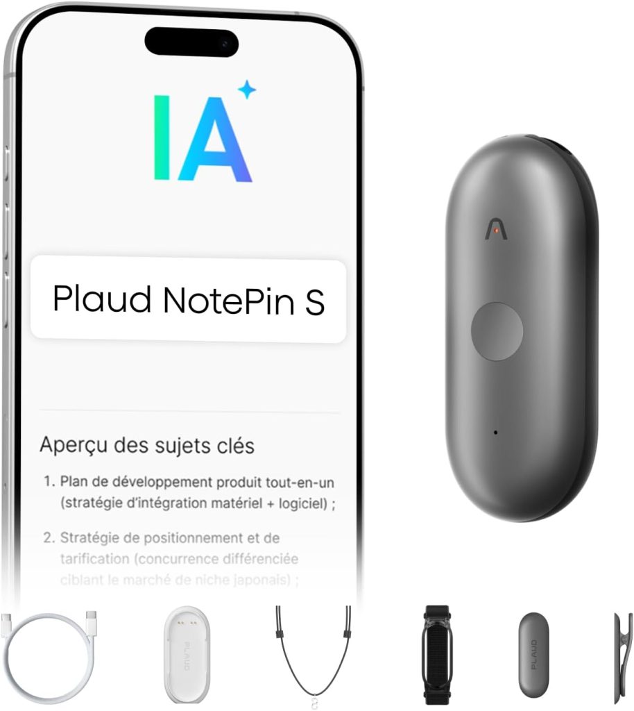 Plaud NotePin S : enregistreur vocal numérique avec transcription IA et accessoires pour réunions
