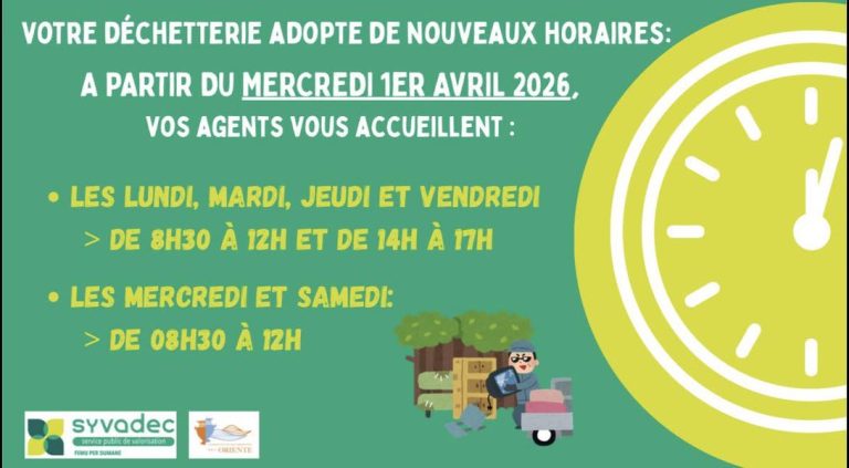 Changement d&rsquo;horaires à la déchetterie : nouveaux horaires effectifs dès le 1er avril.