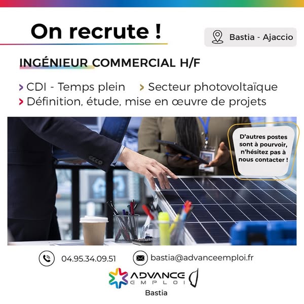 Recherche d&rsquo;un(e) ingénieur(e) commercial(e) en photovoltaïque en CDI par Advance Emploi.