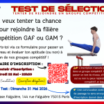 Tests de sélection GAF/GAM à GYM Paris 15 pour la saison 2026/2027.