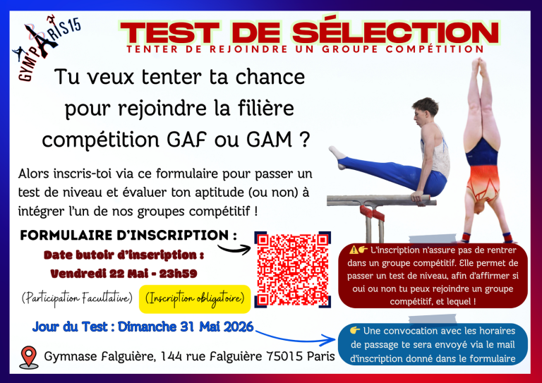 Tests de sélection GAF/GAM à GYM Paris 15 pour la saison 2026/2027.