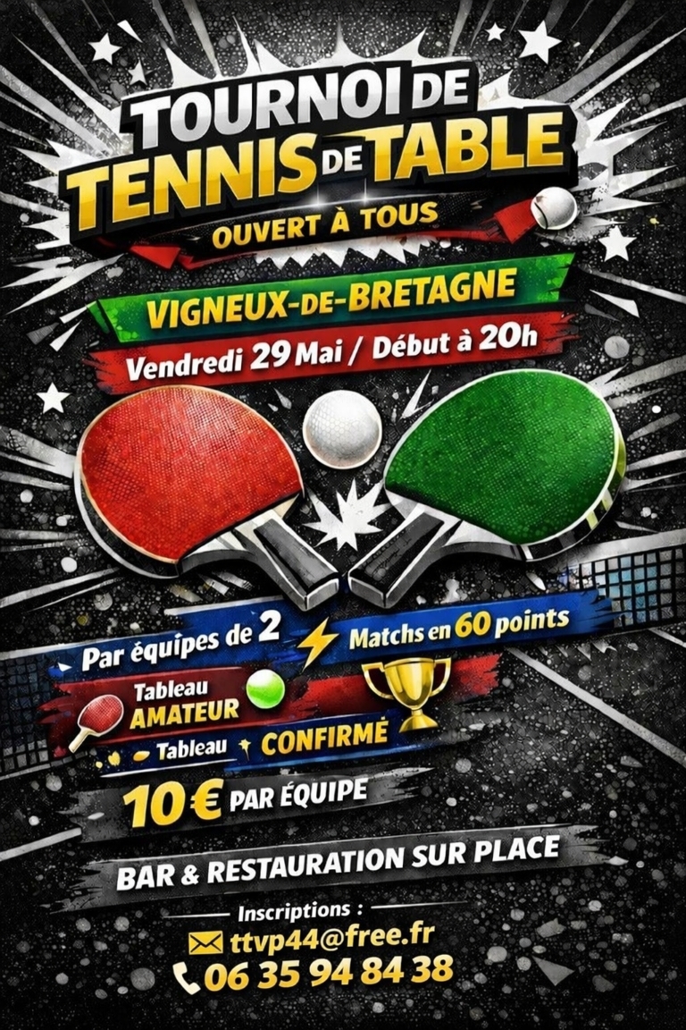 Tournoi Festif 2026 : TTVP Vigneux de Bretagne organise un événement de tennis de table à La Paquelais.