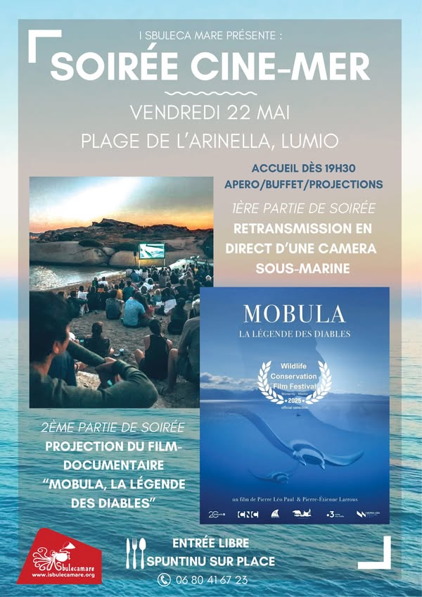 I SBULECA MARE organise une soirée Ciné-Mer à Lumiu, vendredi 22 mai 2026 à 19h30.