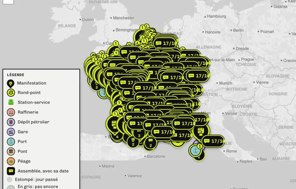 Bloquons tout et les gilets jaunes derrière une carte participative du 17 octobre