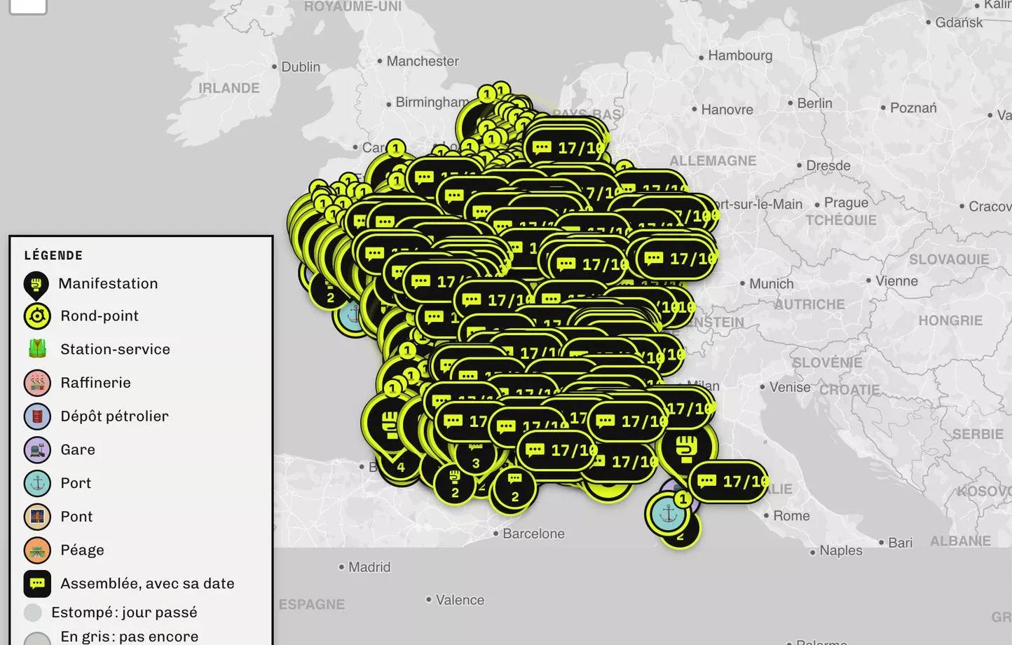 Bloquons tout et les gilets jaunes derrière une carte participative du 17 octobre