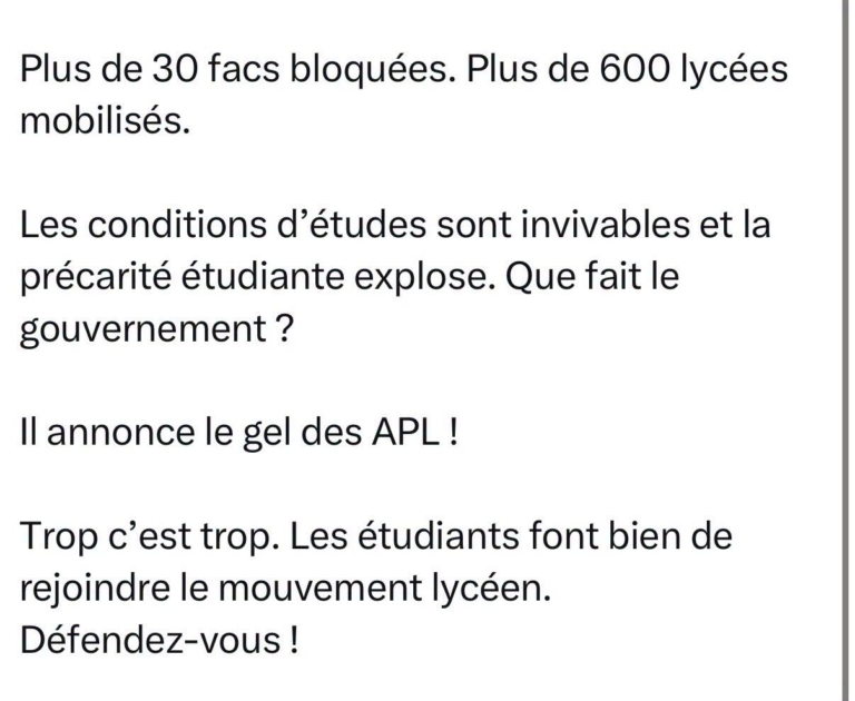 En Francia, los campus bloqueados se suman a la movilización de los estudiantes de secundaria, en un contexto en el que se ha anunciado la congelación de las ayudas para el alquiler (APL)