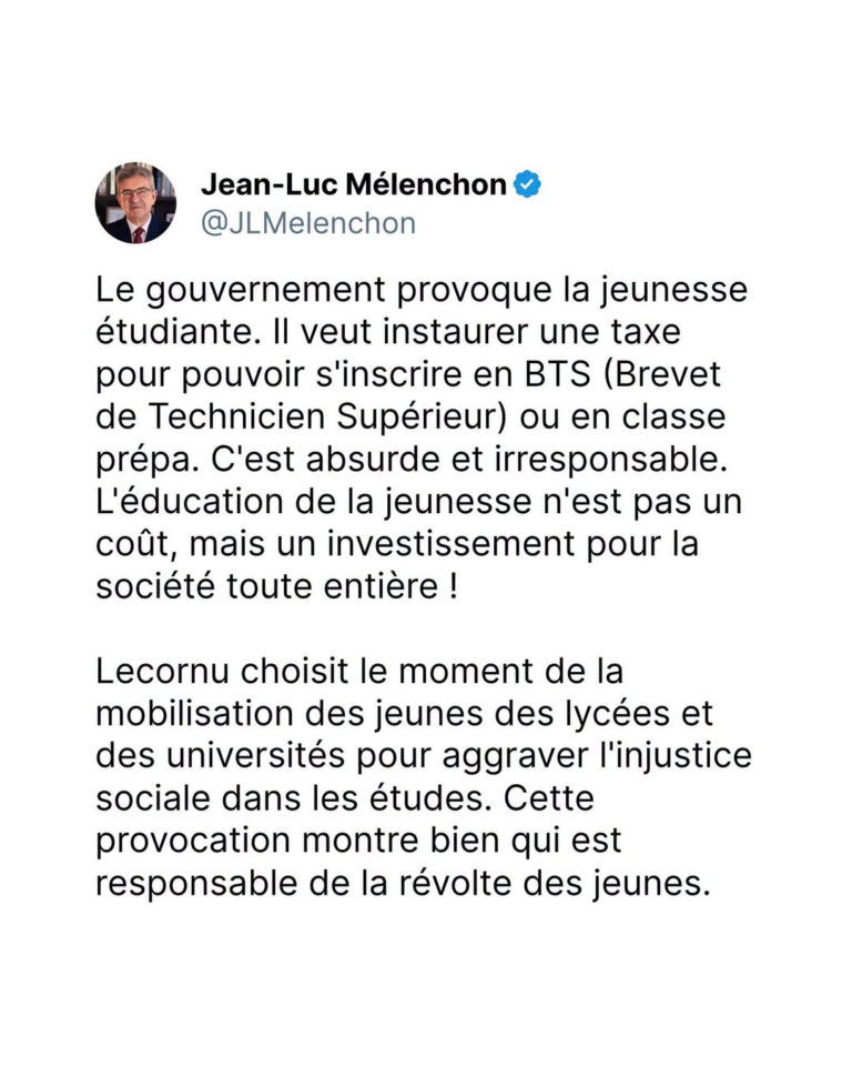 Presupuesto de 2027: Mélenchon denuncia el proyecto de cobrar tasas de matrícula en los BTS y los cursos preparatorios a quienes no reciben becas