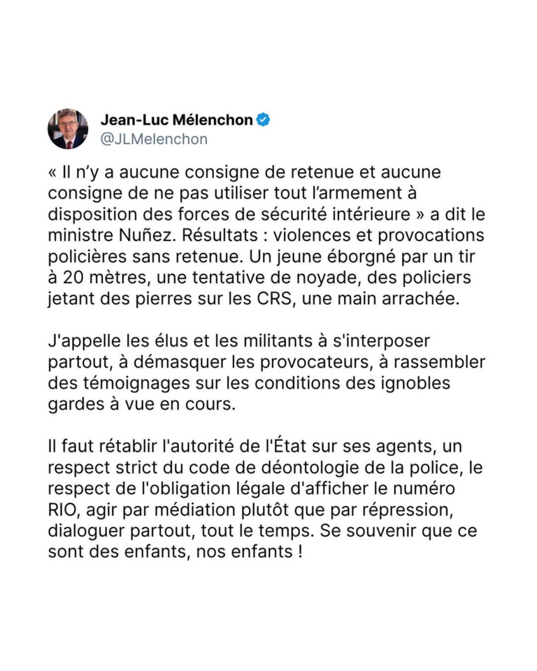 Blocus des lycées : Mélenchon critique la ligne de Nuñez et réclame le dialogue