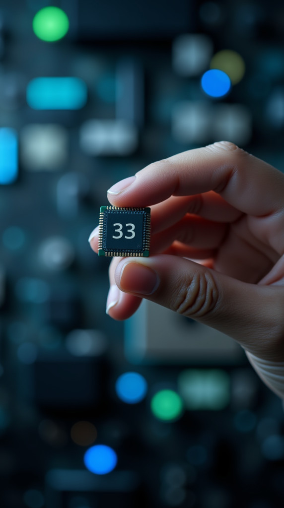 A highly realistic close-up image of a human hand holding a microchip labeled 33 now set against a mp4xhlsonc5wr60xu0g0 0.png