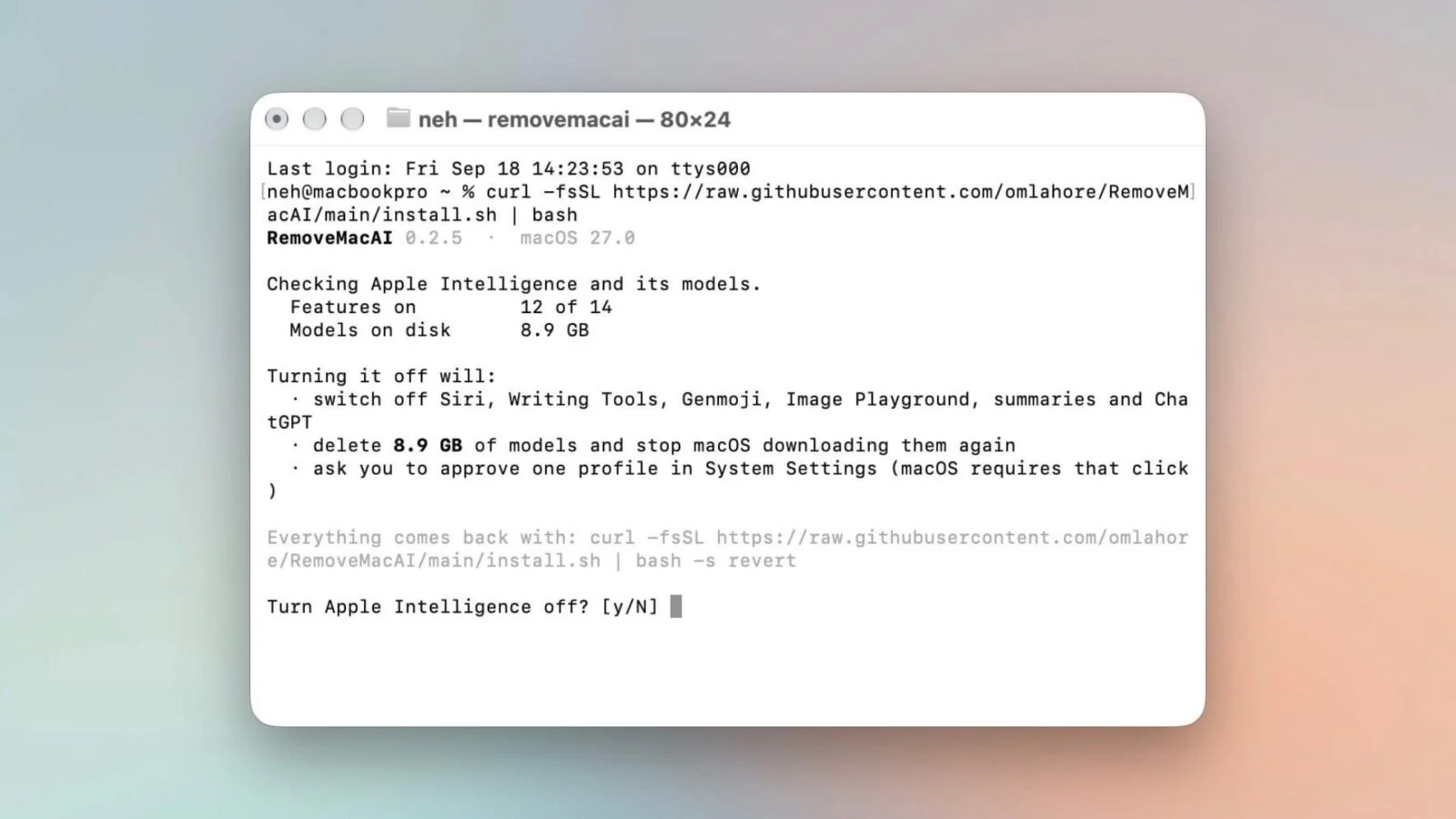 Sur Mac, RemoveMacAI désactive Apple Intelligence et peut libérer environ 12 Go