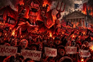Caricature satirique de Jordan Bardella en diable devant une foule de militants RN dans un décor infernal, illustration politique anti-RN.