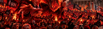 Caricature satirique de Jordan Bardella en diable devant une foule de militants RN dans un décor infernal, illustration politique anti-RN.