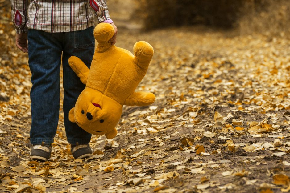 A child holding a plush toy walks through a forest path covered in autumn leaves.