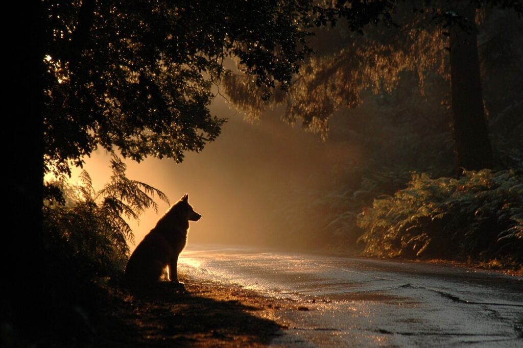 dog, silhouette, road, sunset, forest, golden light, pet, shadow, nature, animal, dramatic scenario, La Chapelle-Rablais, France, Île-de-France