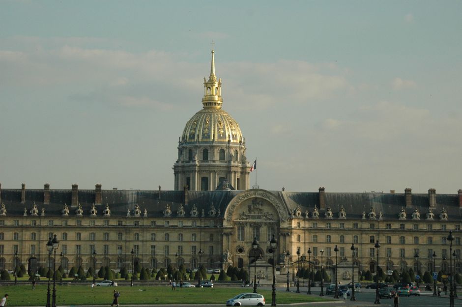 View of the historic Les Invalides dome and facade in Paris, France.