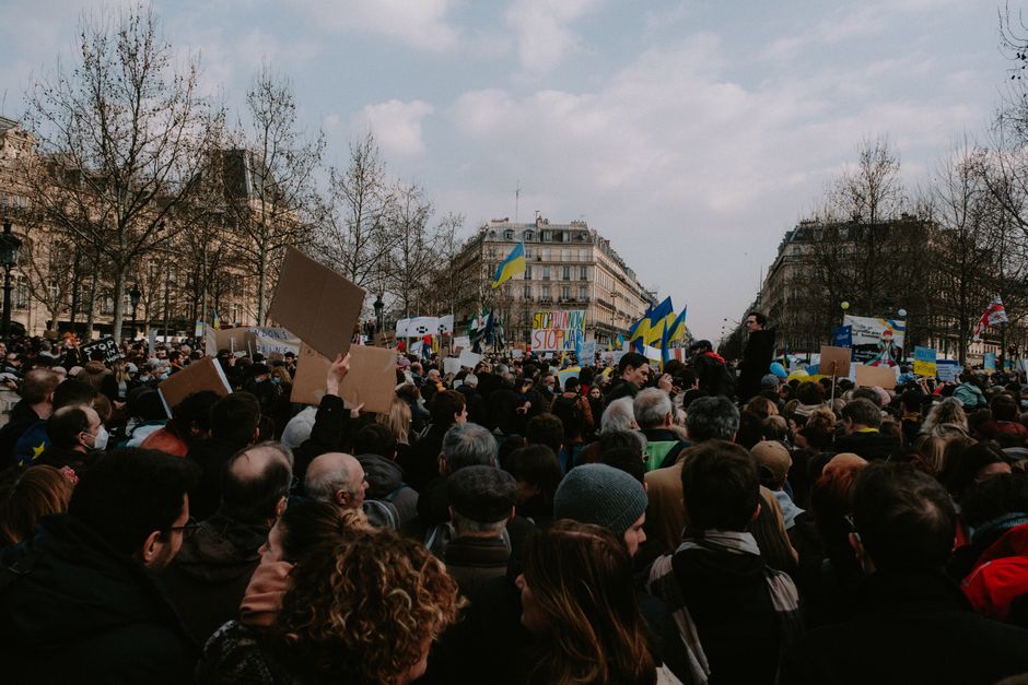A bustling city protest with diverse activists holding flags and placards on a cloudy day.