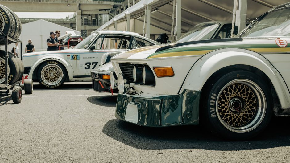 Vintage racecars parked at Le Mans Motorsport Event