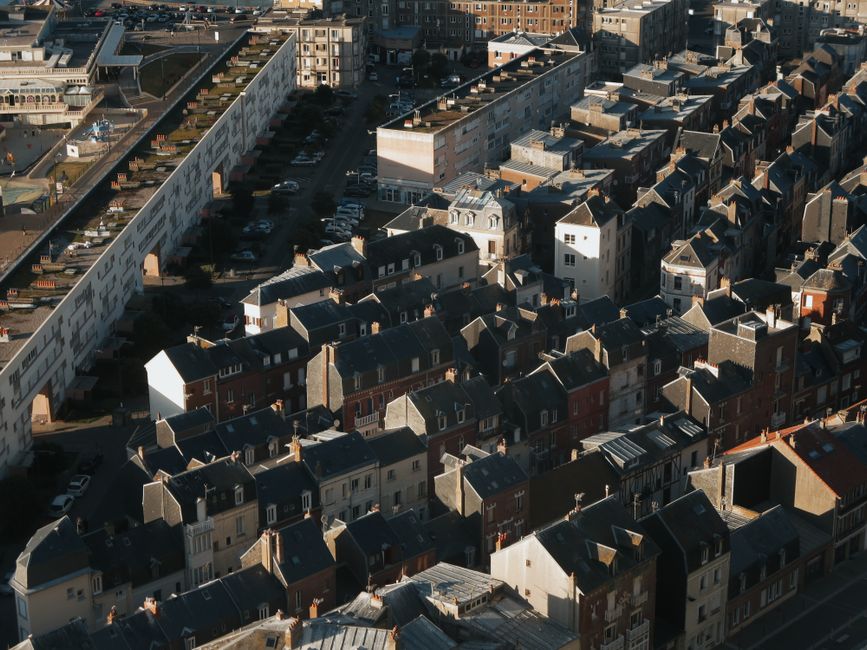 Discover the unique architectural charm of Le Tréport from an aerial perspective.