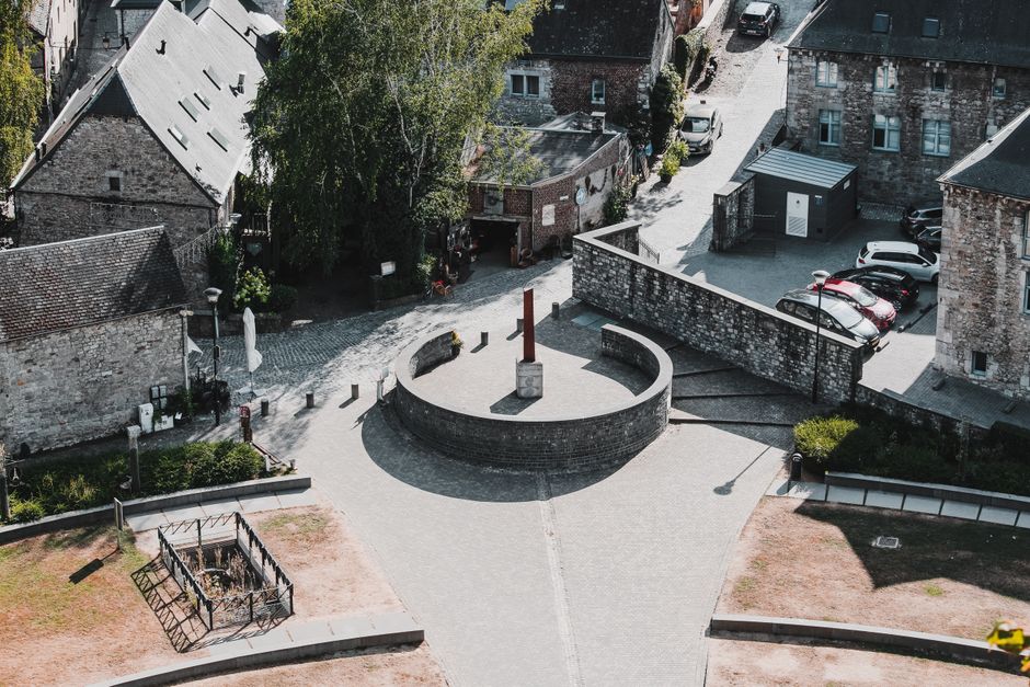 Aerial perspective of cobblestone streets and stone buildings in charming Durbuy, Belgium.