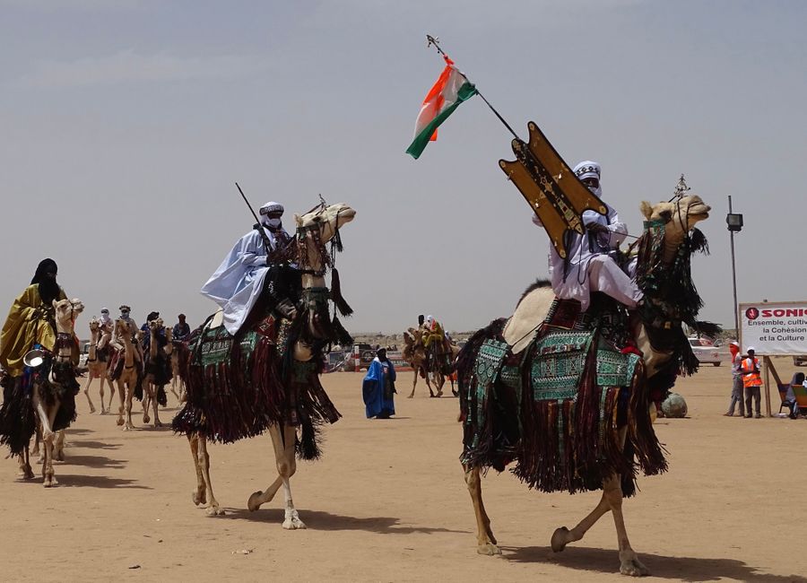 Camels and people in traditional attire at a desert festival in Ingall, Niger.